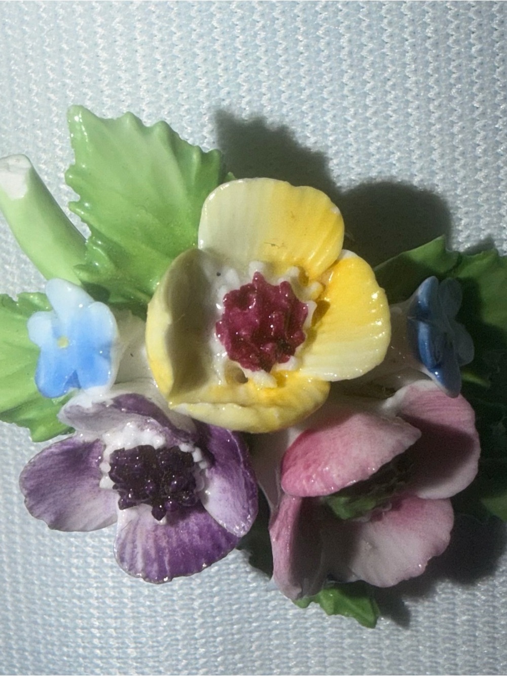 Vintage bone Floral Porcelain Brooch in Yellow, Purple & Pink